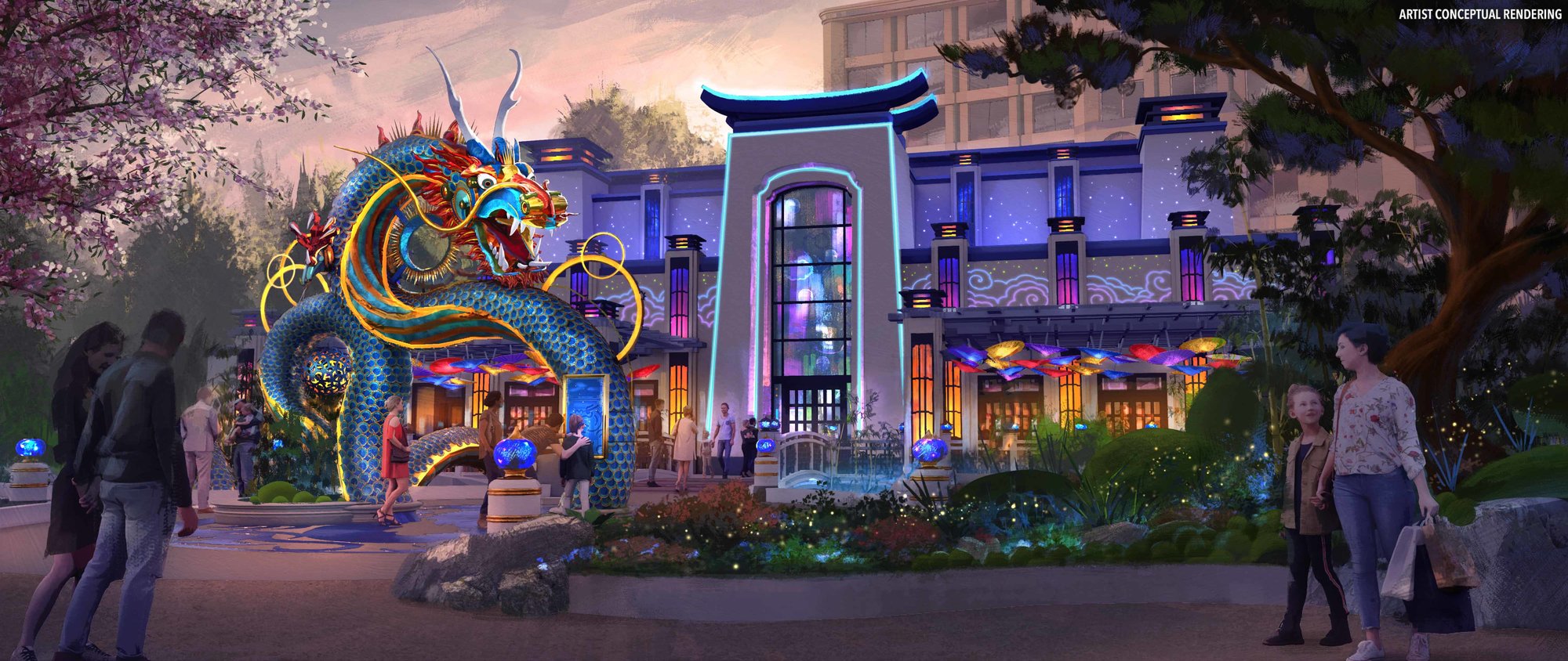 concept art of restaurant with chinese dragon figure and building lit with cool colors